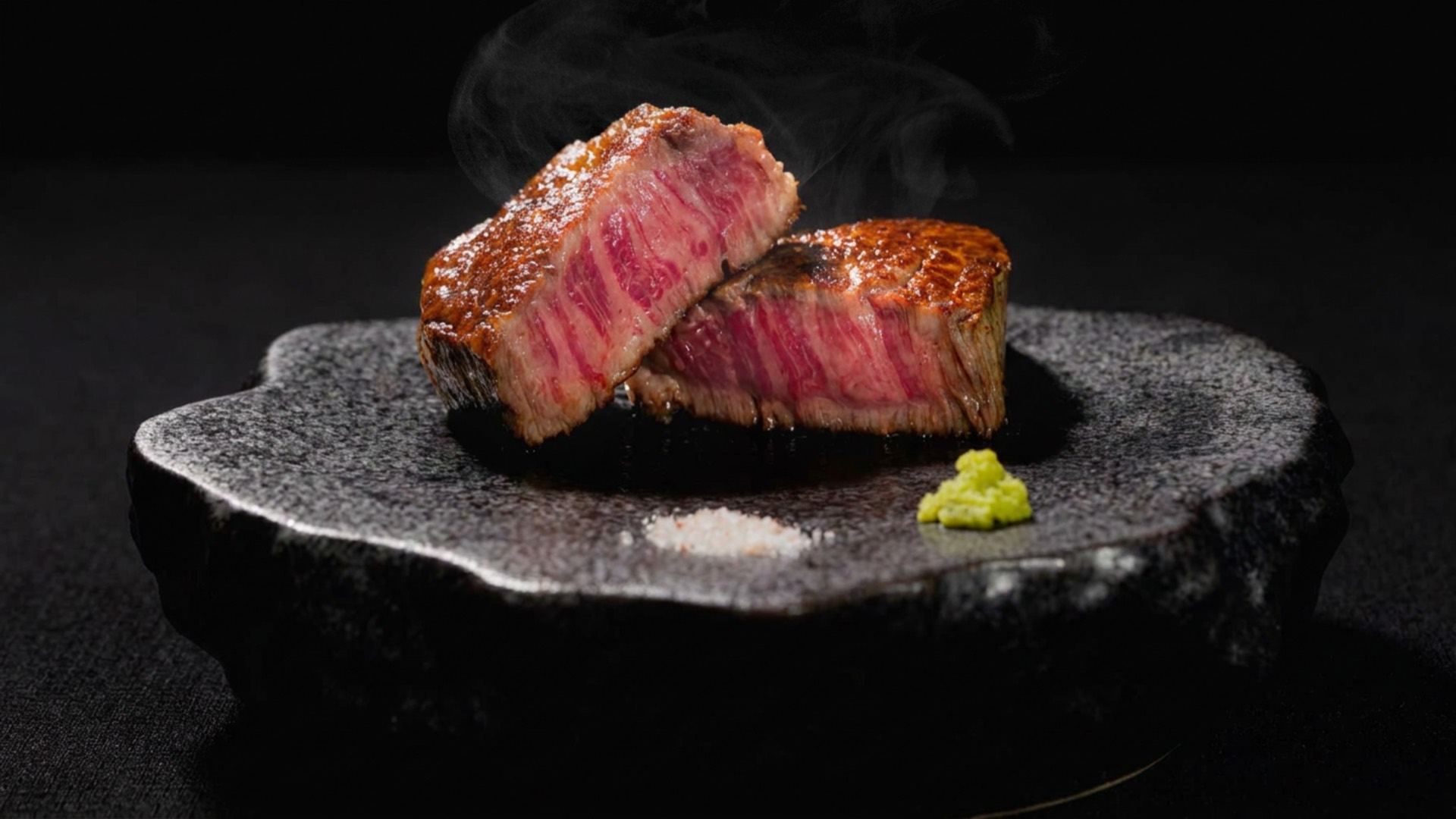 Thick-cut Miyazakigyu steak, seared and sliced